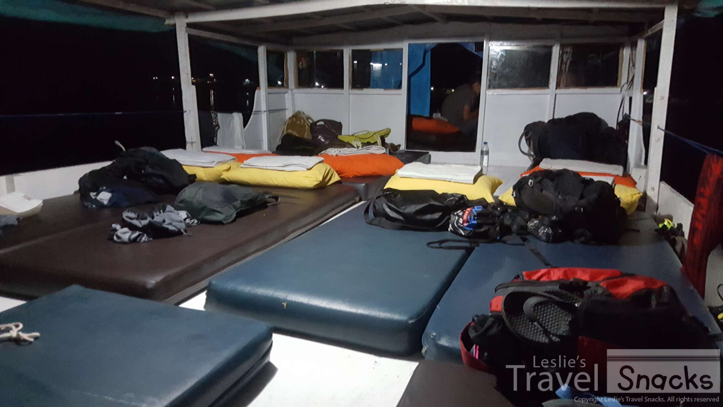 Sleeping on the deck of the boat was really quite comfortable. It gets a bit chilly but the pillow and flannel sheet do the trick.