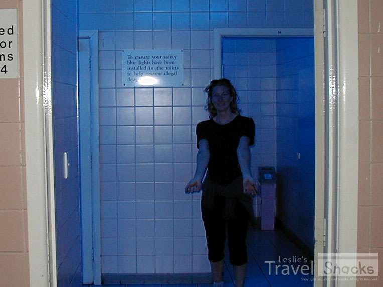 Blue lights in the public toilets to dissuade drug use.