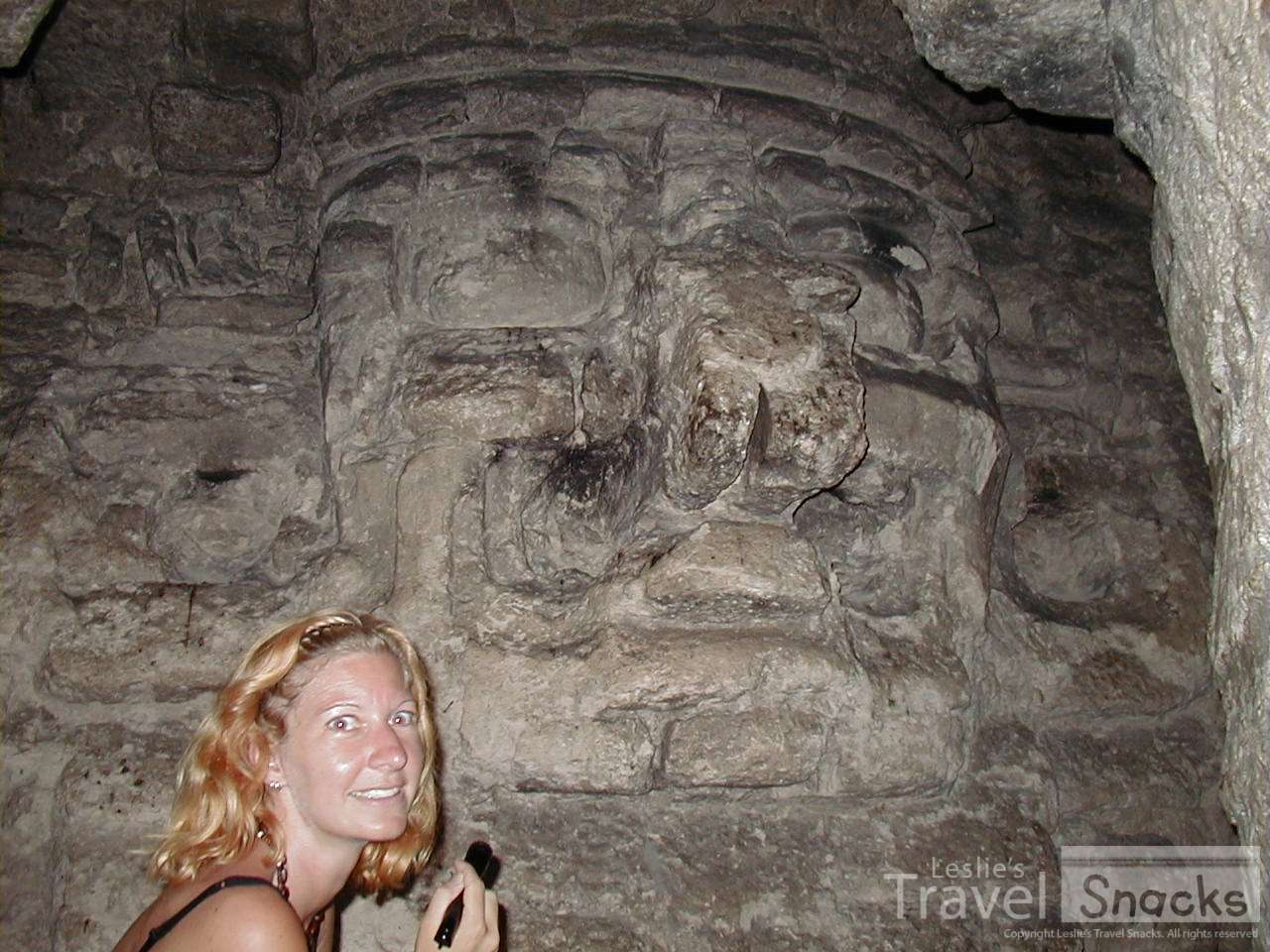 A hidden face inside one of the pyramids at Tikal.