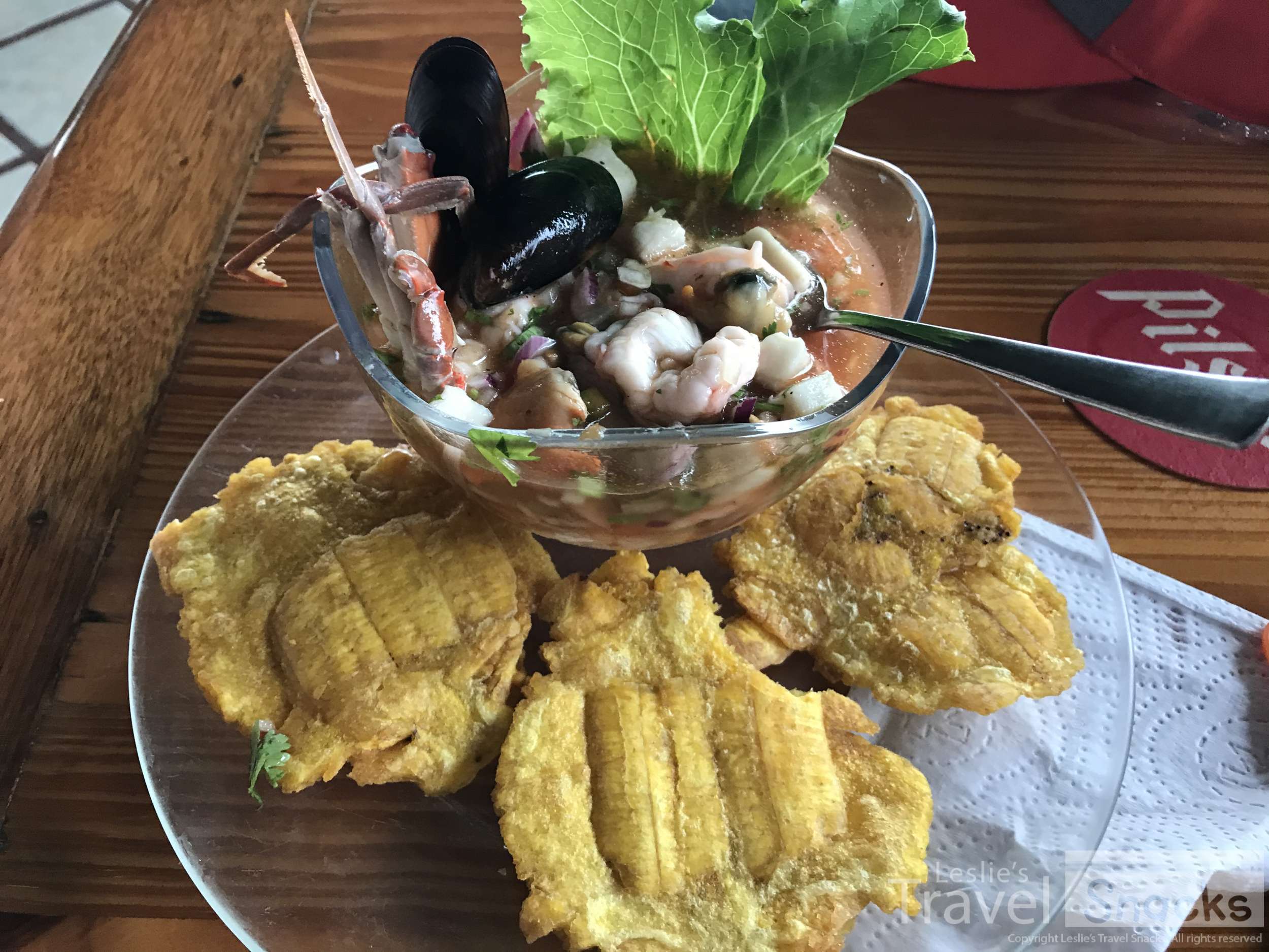 I know that ceviche certainly isn't vegetarian! (no it wasn't mine) Just focus on the patacones served with it. ;)