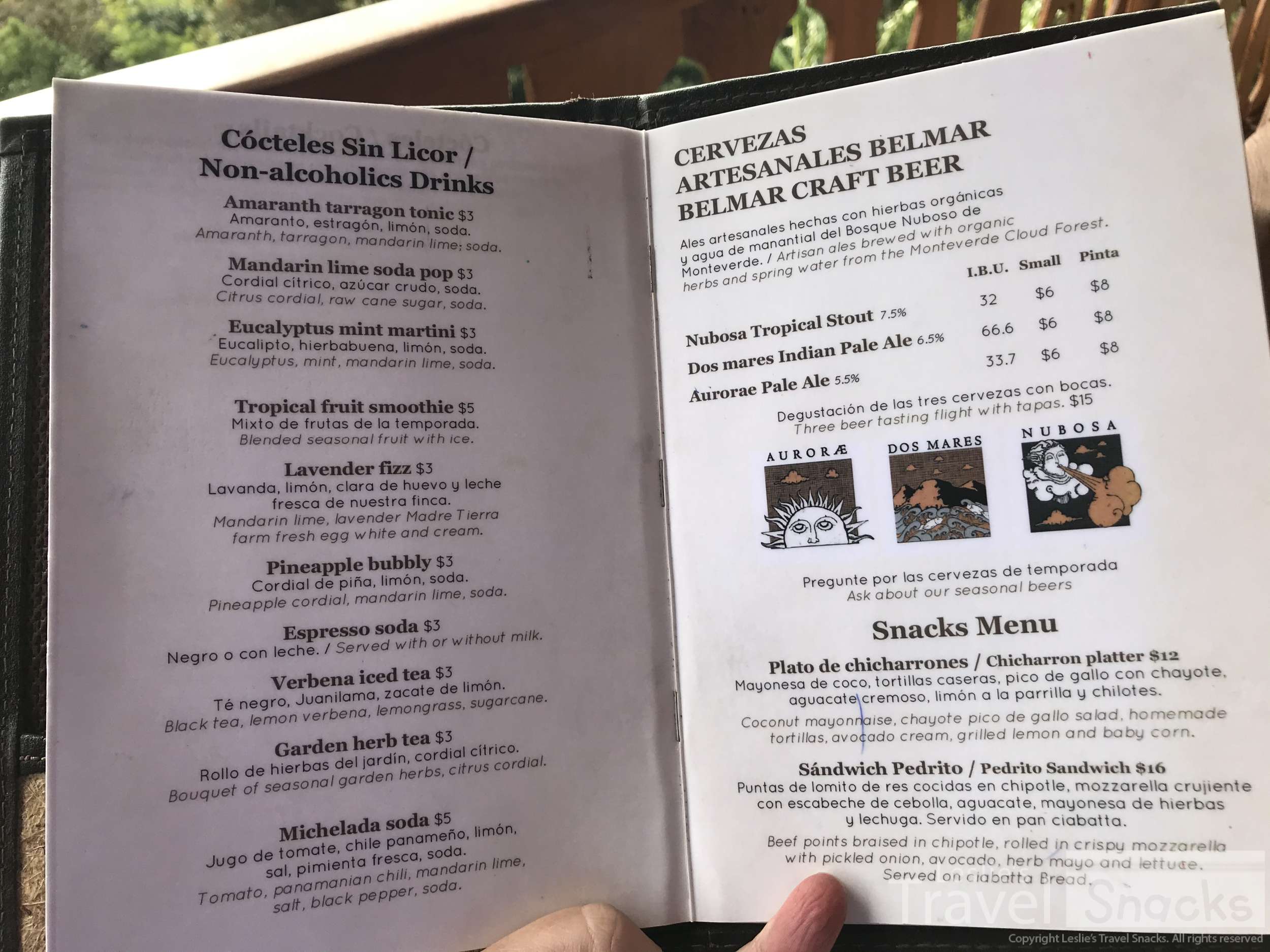 Celajes drink and snacks menu