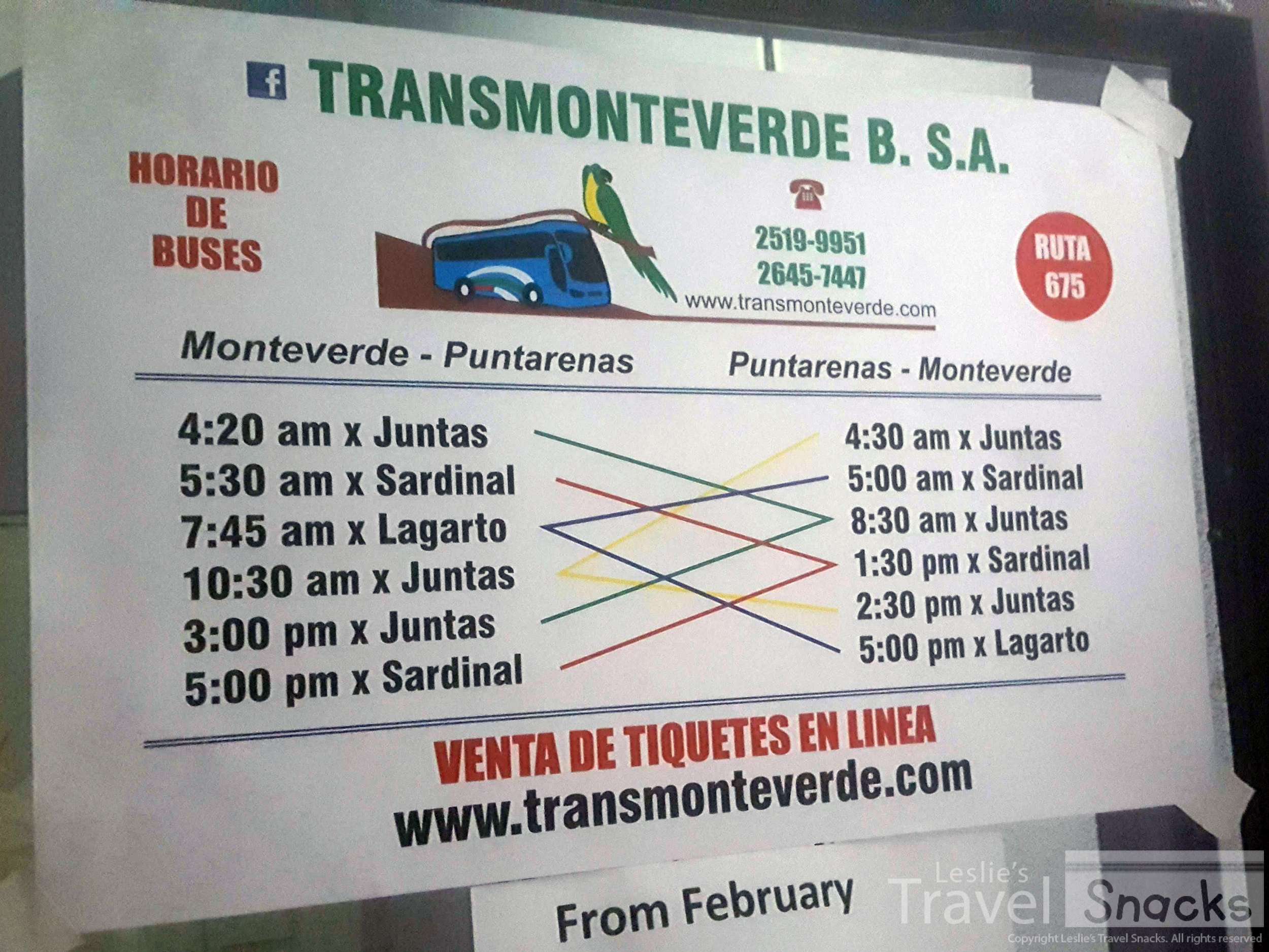 Monteverde to Puntarenas bus schedule at the Transmonteverde ticket office.