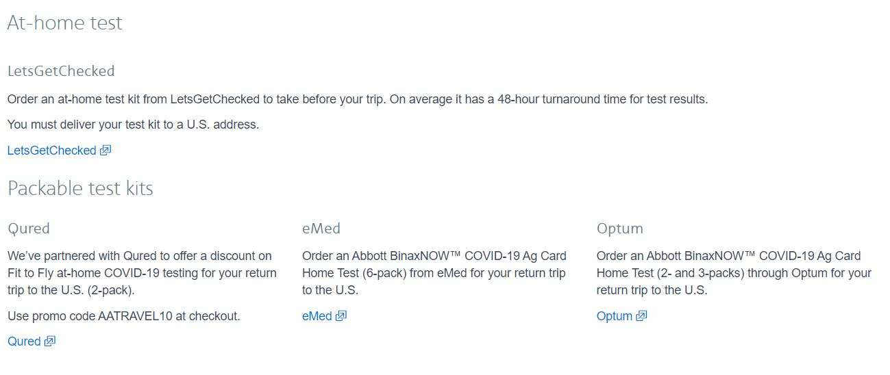 A screenshot from American Airlines website showing some approved COVID tests.